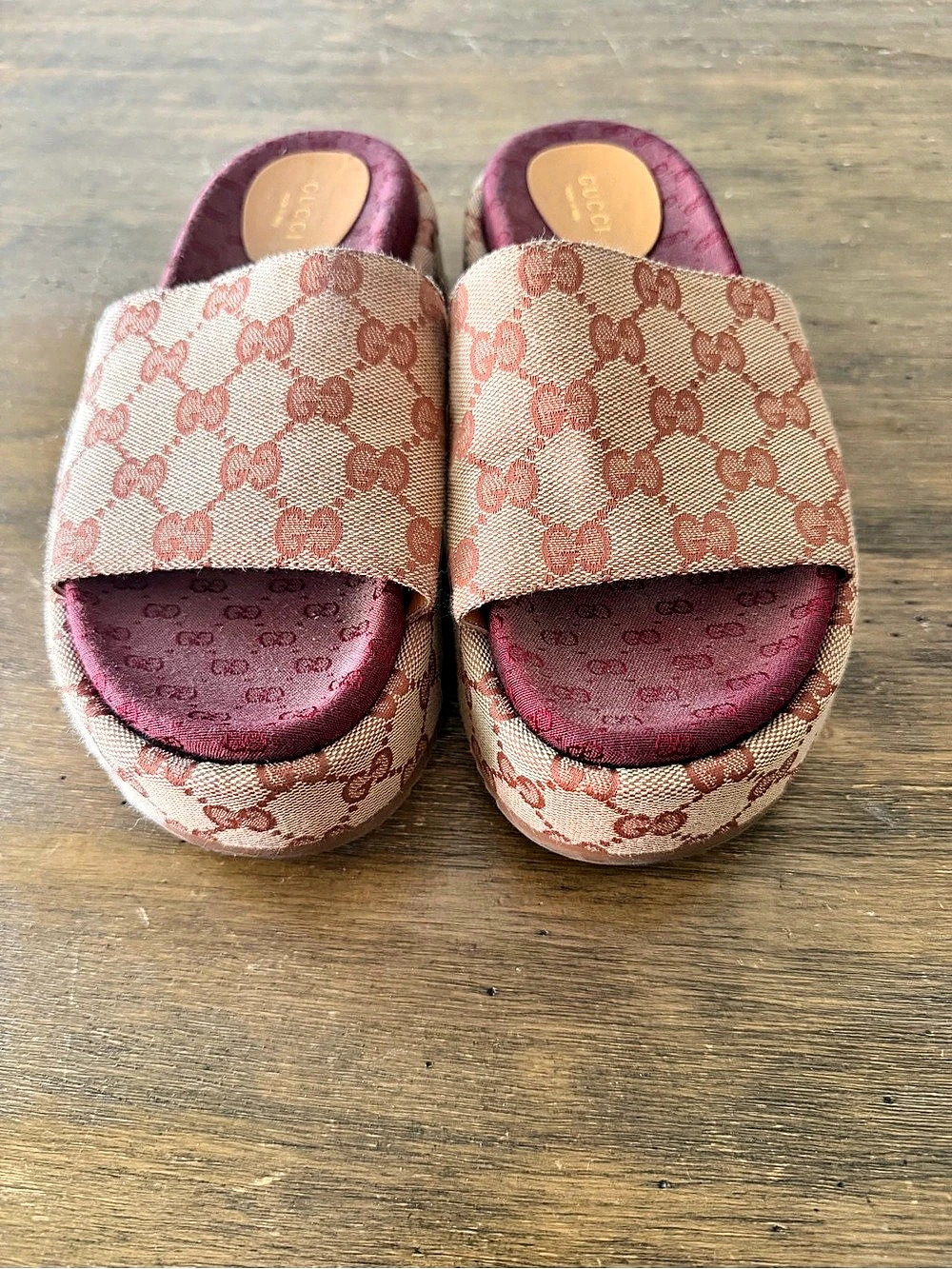 Gucci Angelina GG Supreme Platform Slide Sandals Pink & Brown US 7